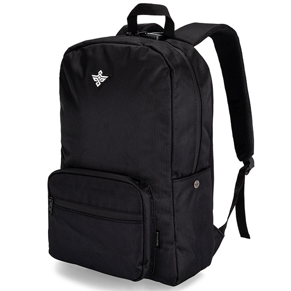 The Erozul Legend Smell Proof Back Pack by Erozul is black with a front zippered pocket, adjustable straps, activated carbon lining, a small white upper front logo, and features a combination lock.